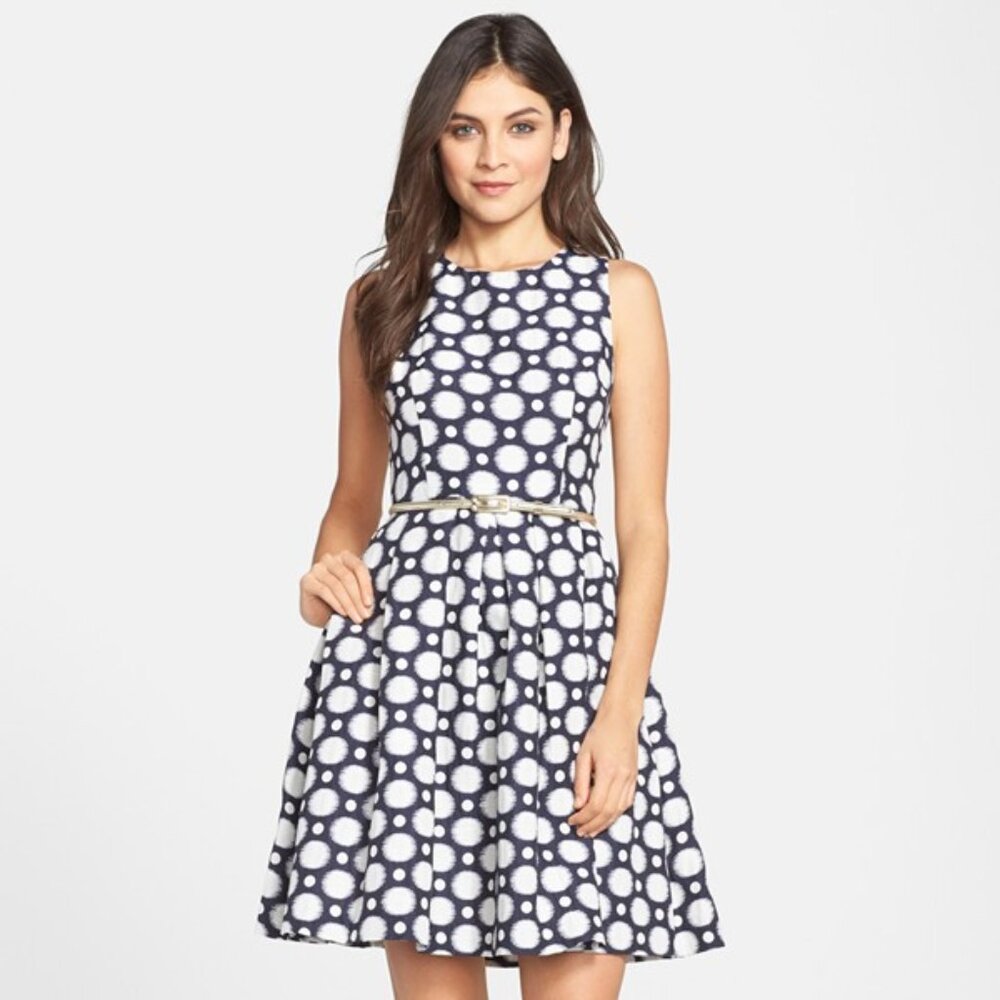 Eliza J Sleeveless Polka Dot Dress A Line Fit Flare Navy XSP 0P 2P Wedding Races